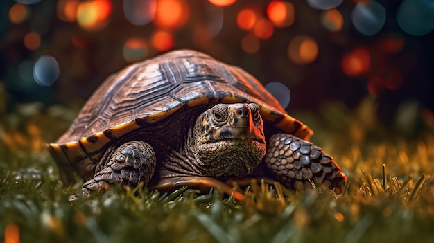 Tartaruga sull'erba Bella tartaruga con gli occhi arancione