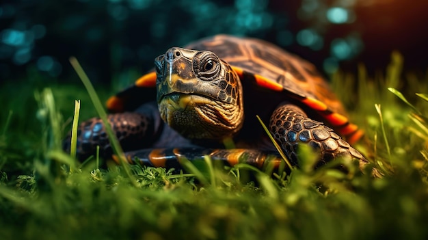 Tartaruga sull'erba Bella tartaruga con gli occhi arancione