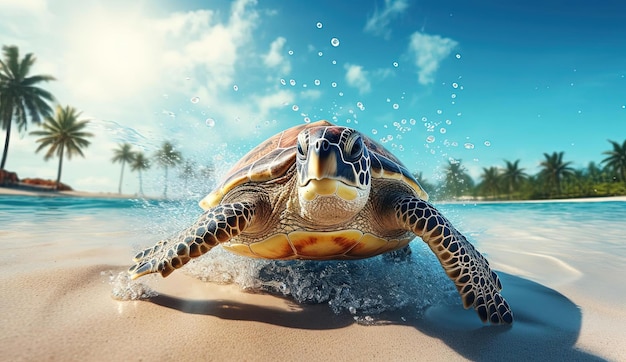 tartaruga sulla spiaggia con spruzzi d'acqua di sabbia bianca nello stile delle immagini ispirate alla natura