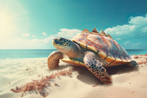 Tartaruga sulla spiaggia mare sullo sfondo