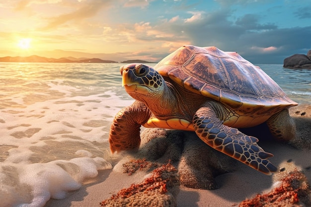 tartaruga sulla spiaggia mare sullo sfondo