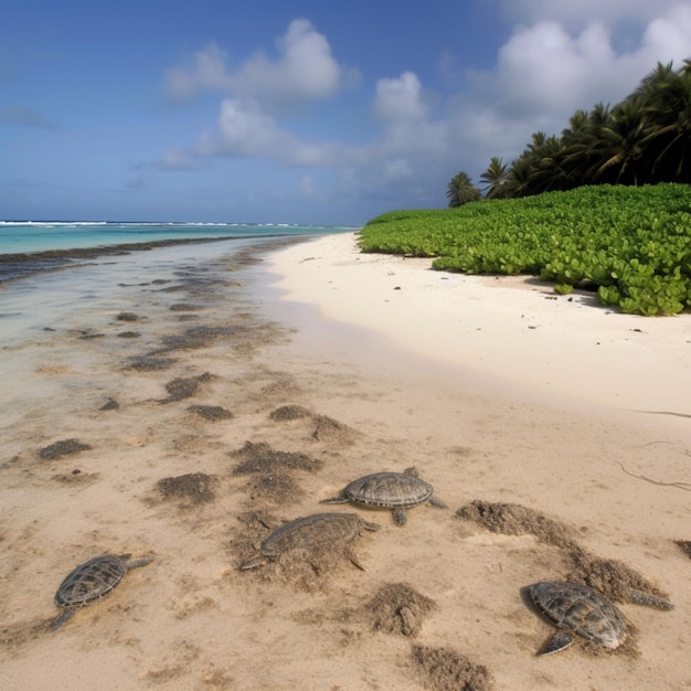 Tartarughe marine sulla spiaggia alle seychelles