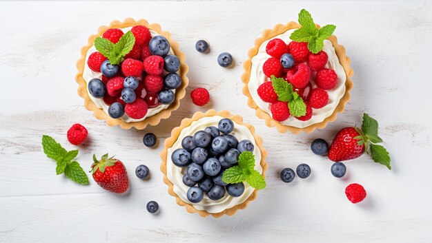 Tartelle con crema mirtilli lamponi e fragole su tavola bianca