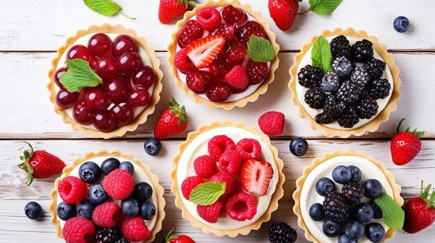 Tartelle con crema mirtilli lamponi e fragole su tavola bianca