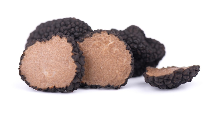 Tartufi neri isolati su sfondo bianco Tartufo fresco a fette Prelibatezza esclusiva funghi tartufati Prelibatezza francese piccante e profumata Tracciato di ritaglio