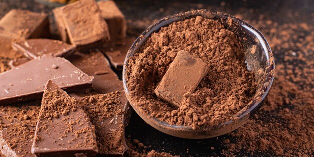 Tartufo di caramelle al cioccolato in polvere di cacao dolce naturale dolci spuntino sul tavolo copia spazio