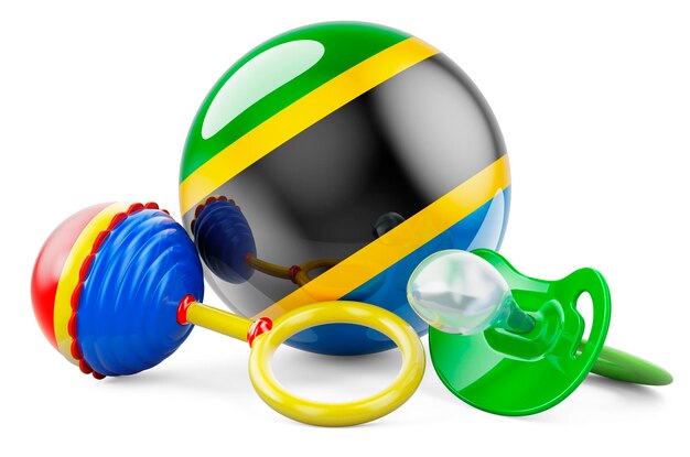 Tasso di natalità e genitorialità nel concetto di Tanzania Ciuccio per bambini e sonaglio con bandiera della Tanzania rendering 3D isolato su sfondo bianco