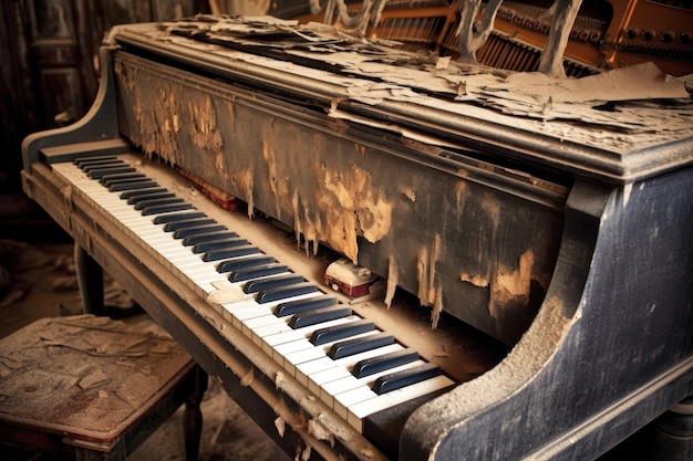 Tasti di pianoforte invecchiati e consumati su un pianoforte a coda vintage creato con intelligenza artificiale generativa