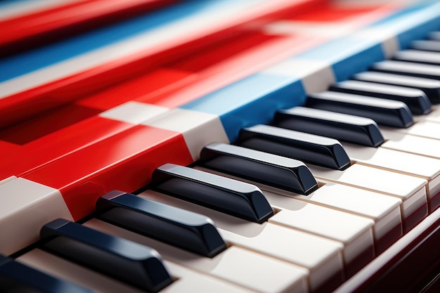 Tasti di pianoforte moderni allineati orizzontalmente su un lato e aura di intelligenza artificiale generativa rossa, bianca e blu