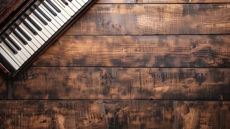 Foto tasti di pianoforte su uno sfondo a grana di legno