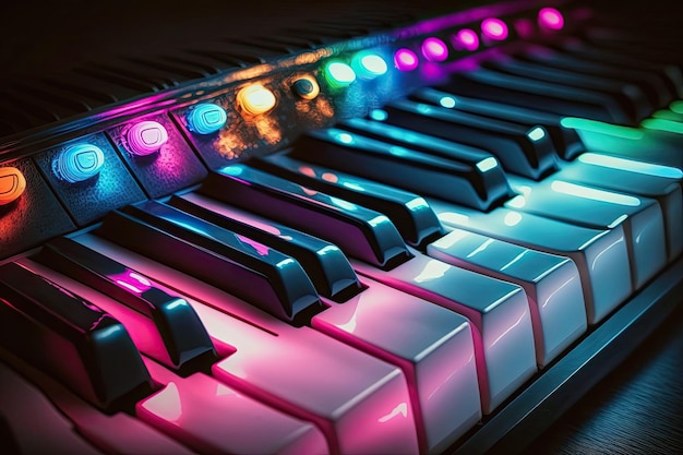 Tastiera di pianoforte illuminata al neon Tasti luminosi colorati Sullo sfondo c'è il rosa e il blu