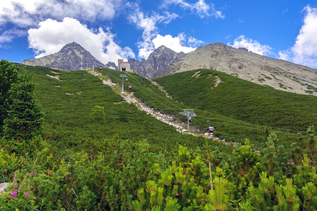 Tatranska Lomnica Slovacchia 15 luglio 2018 moderna cabinovia da Tatranska Lomnica Resort alla stazione Skalnate Pleso in Alti Tatra