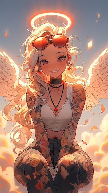 Tattooed Serenity Angelic Girl on Cloud Occhiali da sole sportivi Halo e ali luminose