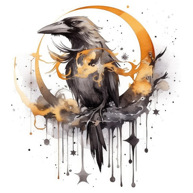 tatuaggio acquerello corvo disegno mistico poster arte carta da parati illustrazione libro mistico magico