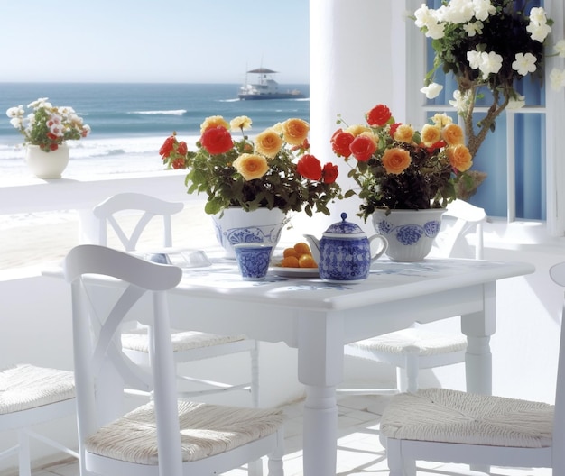 Taverna greca in stile bianco e blu Fiori e tè sullo sfondo del mare IA generativa