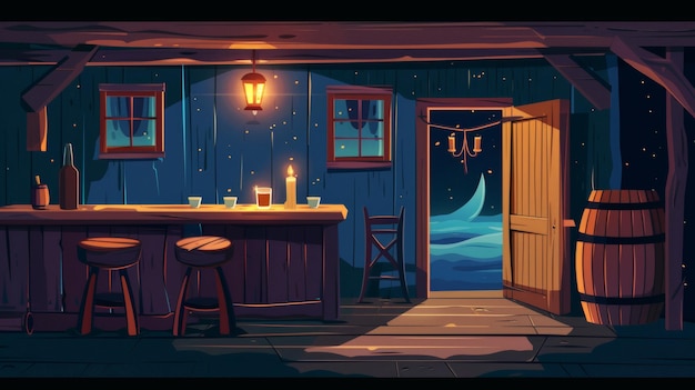Taverna occidentale di notte con candele sul bancone di legno porta d'ingresso e barili di legno con birra nelle tazze Cartoon moderno cowboy saloon interno al crepuscolo con barili di Legno e tazze di Legno