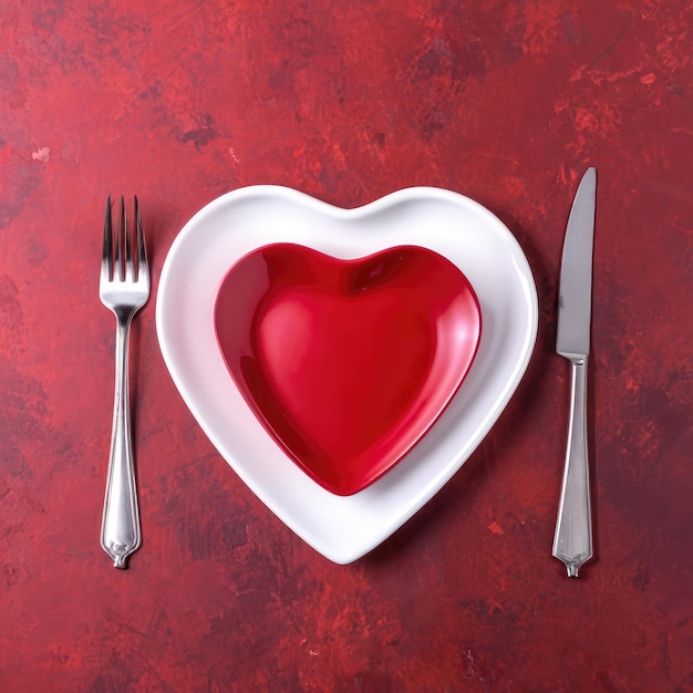 tavola a forma di cuore coltello e forchetta su piatto rosso