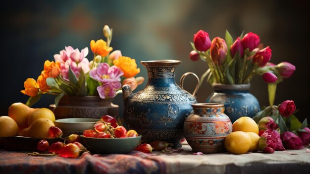 Tavola adornata da vasi di fiori e frutta