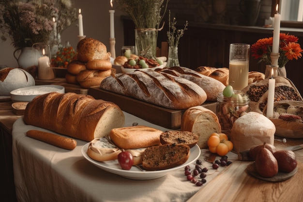 Tavola apparecchiata con pane fresco di varie forme, dimensioni e colori creati con intelligenza artificiale generativa