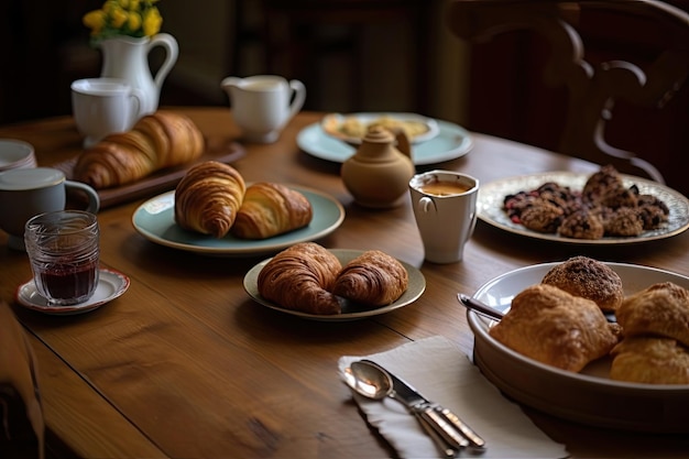 Tavola apparecchiata con piatti di pasticceria fresca e caffè per la colazione creata con intelligenza artificiale generativa