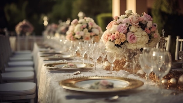 Tavola apparecchiata per matrimoni di lusso e Bellissimi fiori con intelligenza artificiale generativa