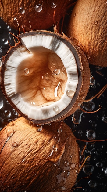 Tavola con cocco fresco vista ravvicinata gocce d'acqua IA generativa