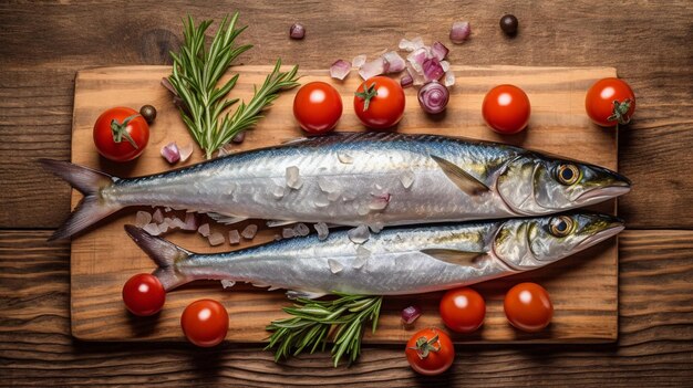 Tavola con gustoso pesce scudo crudo su un tavolo di legno