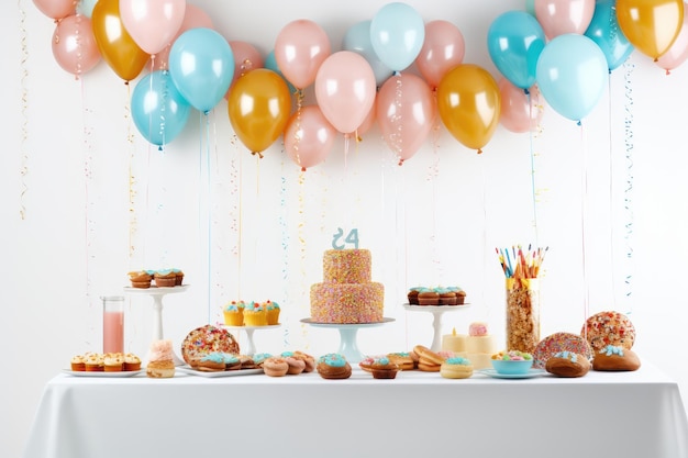 Tavola con torta e palloncini su sfondo bianco o trasparente PNG