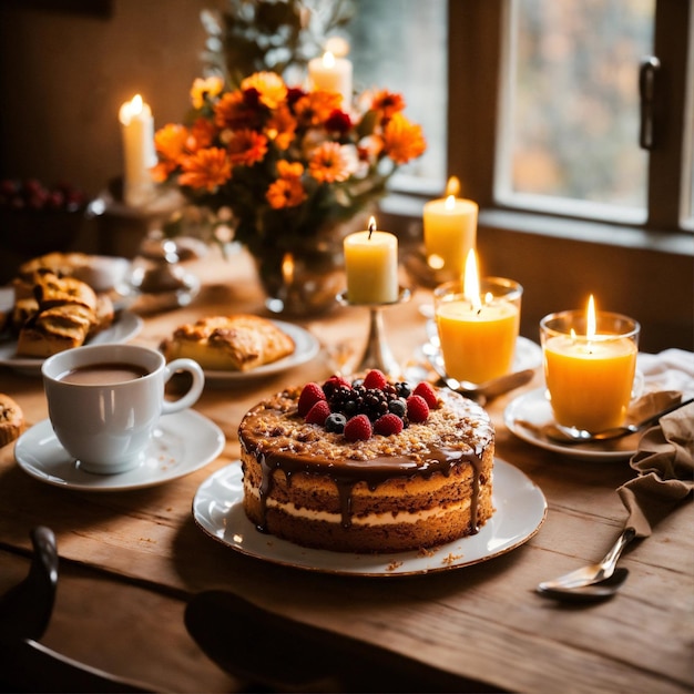 Tavola da colazione caffè caldo torta di compleanno con candele alcuni dolci autunno ambiente luce del giorno sole caldo