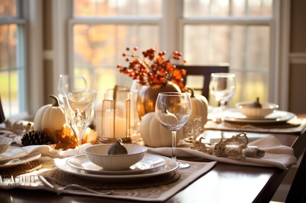 Tavola da pranzo del Ringraziamento ambientata in una sala da pranzo moderna e luminosa decorazione della casa autunnale ai