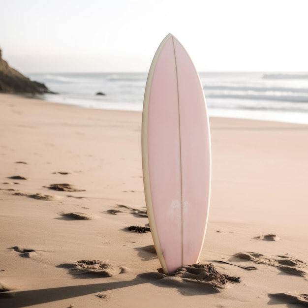 Tavola da surf bianca in piedi sulla spiaggia assolata creata utilizzando la tecnologia generativa ai