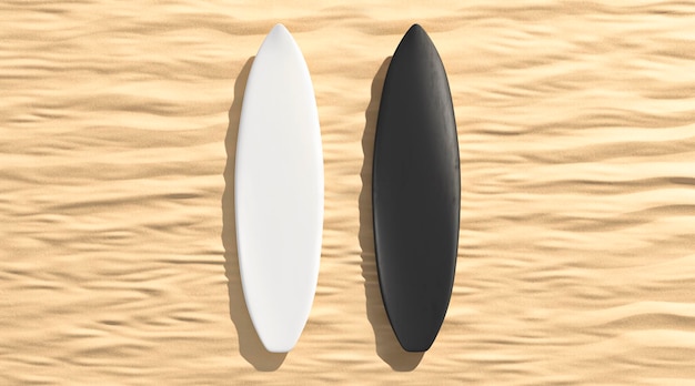 Tavola da surf in bianco e nero sdraiata su un mockup di sabbia Shortboard da allenamento su sfondo plage mock up