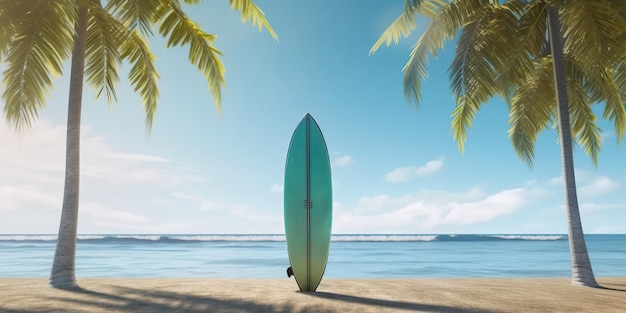 tavola da surf in piedi bloccata nella sabbia e sdraiata sulla palma sulla spiaggia paradisiaca nella soleggiata d