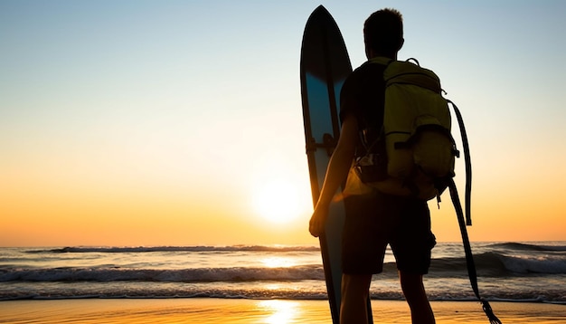 Tavola da surf per uomini all'alba durante le vacanze estive nella natura all'aperto generata dall'intelligenza artificiale