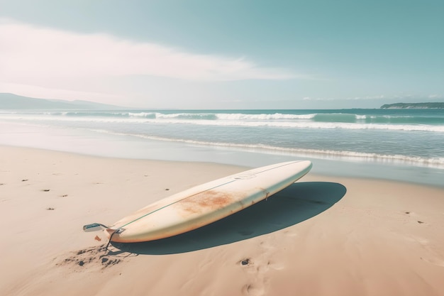 Tavola da surf sulla lunga spiaggia sabbiosa deserta dell'oceano