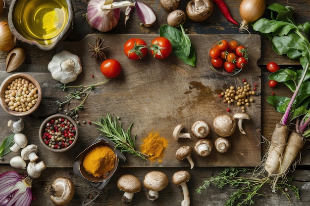 Tavola da taglio in legno rustica circondata da verdure e erbe fresche per il tavolo da fattoria