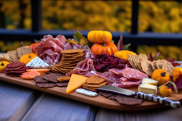 Tavola di carcuterie all'aperto a tema autunnale con foglie colorate create con AI generativa