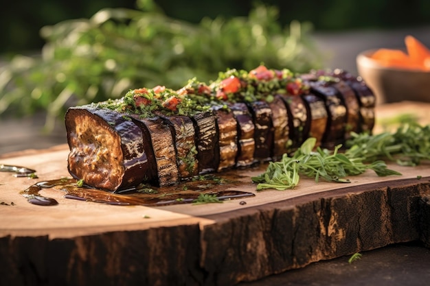 Tavola di cedro bruciata con melanzane alla griglia e erbe create con ai generativi