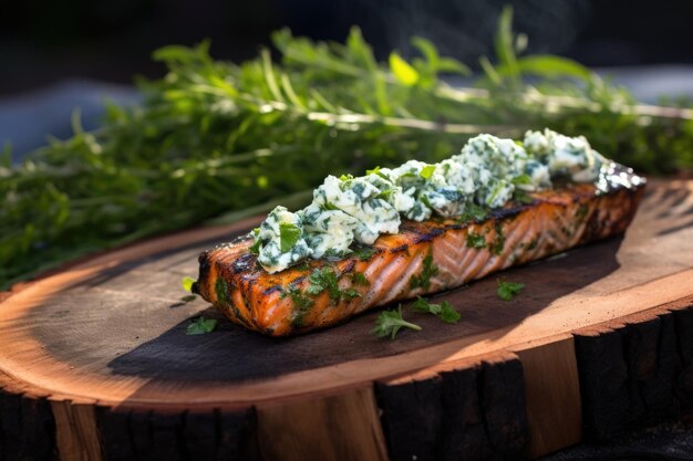 Tavola di cedro con formaggio blu e erbe fresche alla griglia