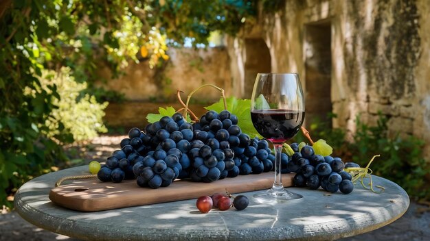 Tavola di legno di uva nera fresca e bicchiere di vino su un tavolo di pietra