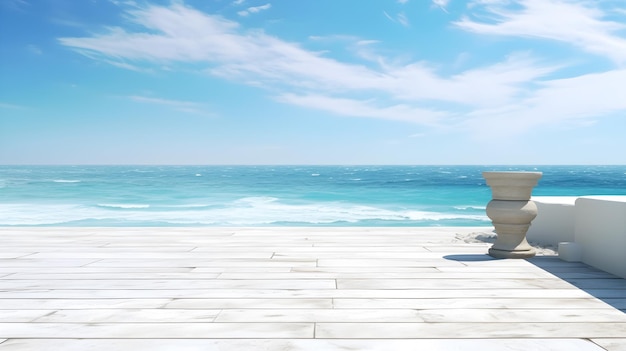 tavola di legno e bellissima spiaggia blu e cielo blu