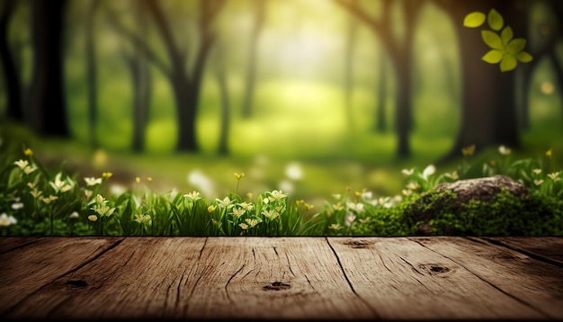 Tavola di legno e foresta di primavera sfondo generativo ai