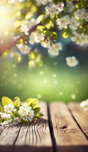 Tavola di legno in un giardino con fiori primaverili e fiori. AI generativa