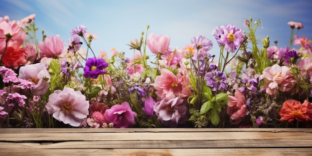 Tavola di legno per la pubblicità con un'immagine di fiori sullo sfondo IA generativa