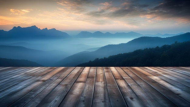 Tavola di legno vuota con sfondo di montagna bellissimo paesaggio