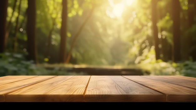 tavola di legno vuota con sfondo naturale bella primavera sullo sfondo della natura IA generativa