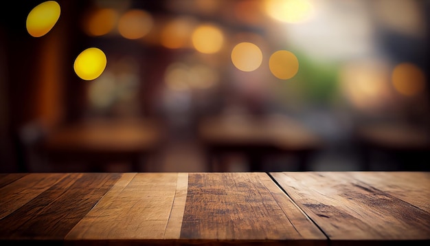 Tavola di legno vuota con sfondo sfocato di caffè all'aperto o caffetteria
