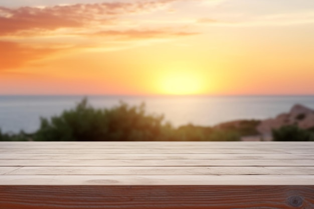 Tavola di legno vuota con sfondo tramonto