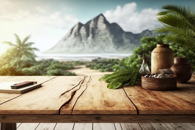 Tavola di legno vuota con sfondo tropicale sfocato Ai generativo