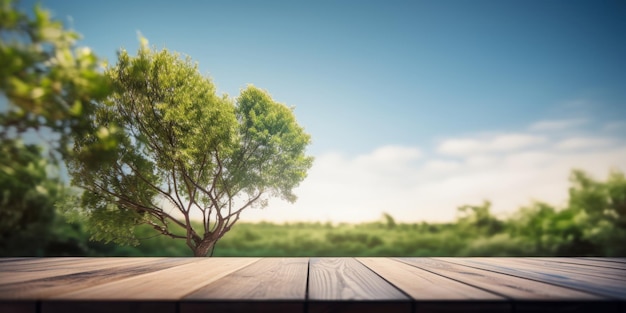 Tavola di legno vuota con sfondo verde albero e cielo blu Generativo Ai